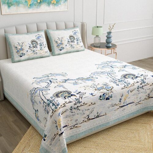 Kalyani Cloud Floral Cotton Bedsheet (Beige) - 140 TC