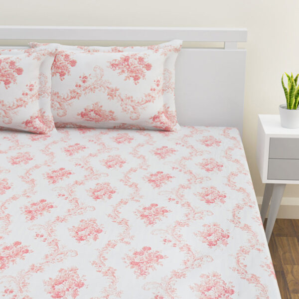 Kaureena Printed Bedsheet - White & Coral