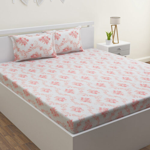 Kaureena Printed Bedsheet - White & Coral