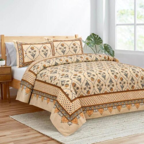 Mughal Jaali Printed Bedsheet - Yellow & Beige