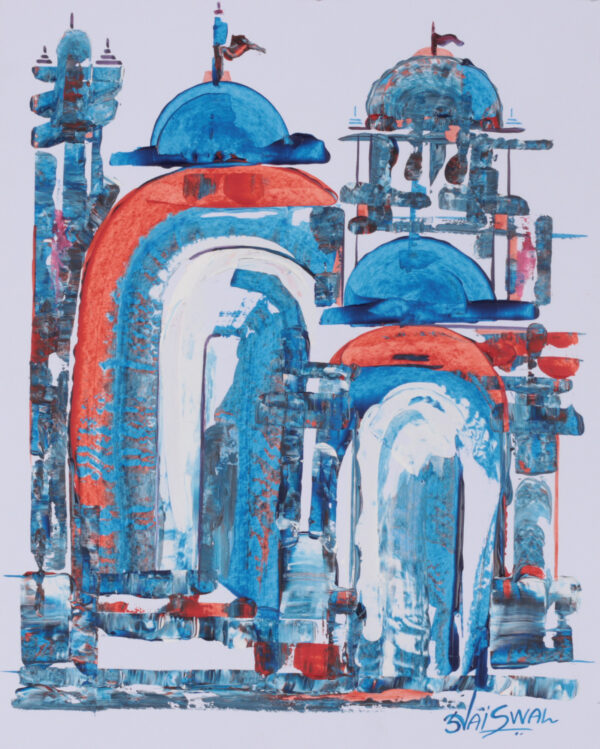 Abstract Architectural Acrylic Painting of a Modern Temple, 'Gateway to the Divine'
