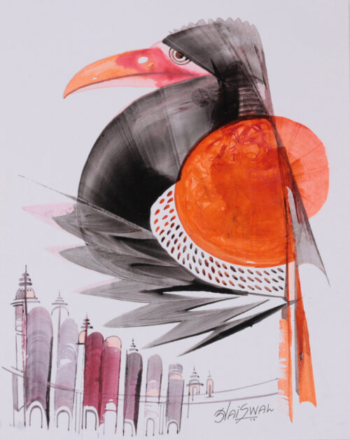 Abstract Modern Acrylic on Paper Painting of Exotic Bird, 'City Sentinel' Abstract Modern Acrylic on Paper Painting of Exotic Bird, 'City Sentinel'
