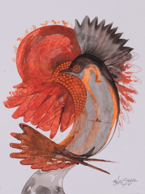 Abstract Modern Orange Brown Acrylic on Paper Bird Painting, 'Crimson Crest' Abstract Modern Orange Brown Acrylic on Paper Bird Painting, 'Crimson Crest'