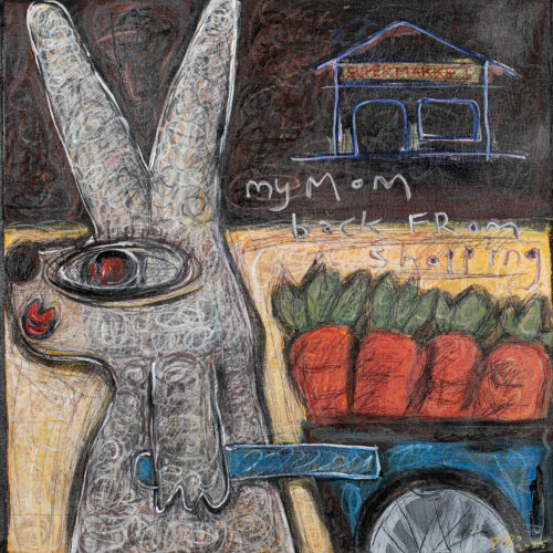 Acrylic Ink Pencil Painting of Female Bunny with Carrot Cart, 'My Mom Back from Shopping' Acrylic Ink Pencil Painting of Female Bunny with Carrot Cart, 'My Mom Back from Shopping'