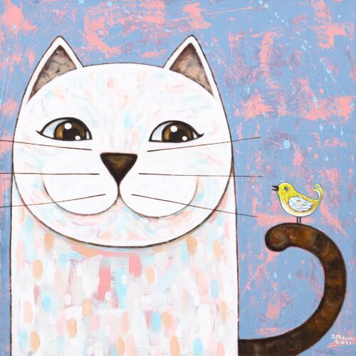 Acrylic on Canvas Cat and Bird Naif Painting from Thailand, 'Happy Friends' Acrylic on Canvas Cat and Bird Naif Painting from Thailand, 'Happy Friends'