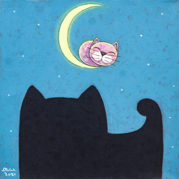 Acrylic on Canvas Cats and Moon Naif Painting from Thailand, 'Good Night'