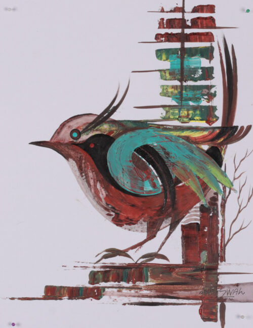 Acrylic on Paper Abstract Modern Avian Art from India, 'Urban Perch'