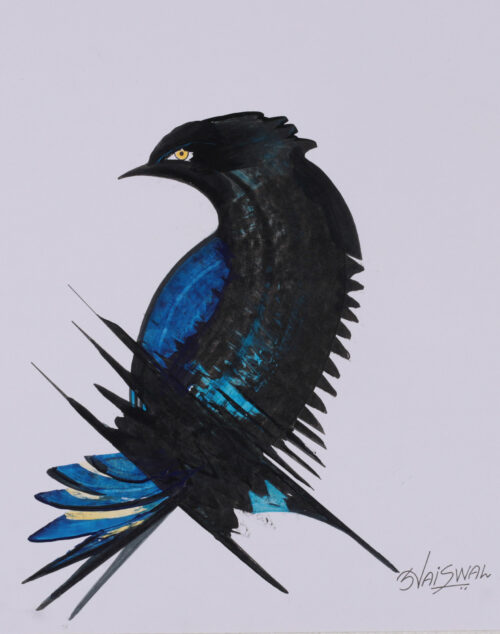 Acrylic on Paper Painting of Exotic Bird in Black and Blue, 'Midnight Plumage'