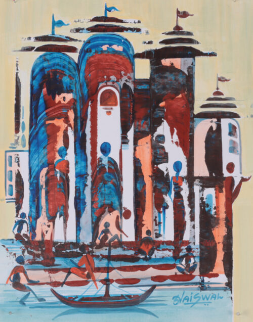 Acrylic Painting of Temple with Boat and People Silhouettes, 'Temple of Reflections'