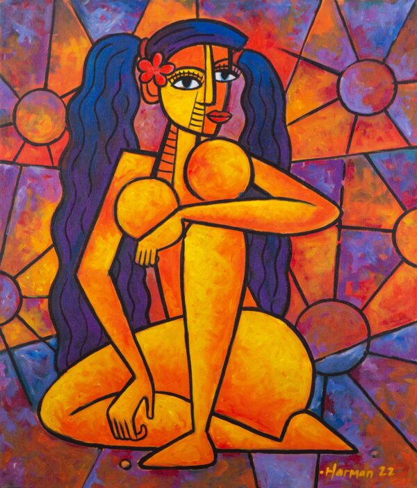 Acrylic Sunbathing Painting on Canvas, 'Ni Wayan Sachi is Sunbathing'