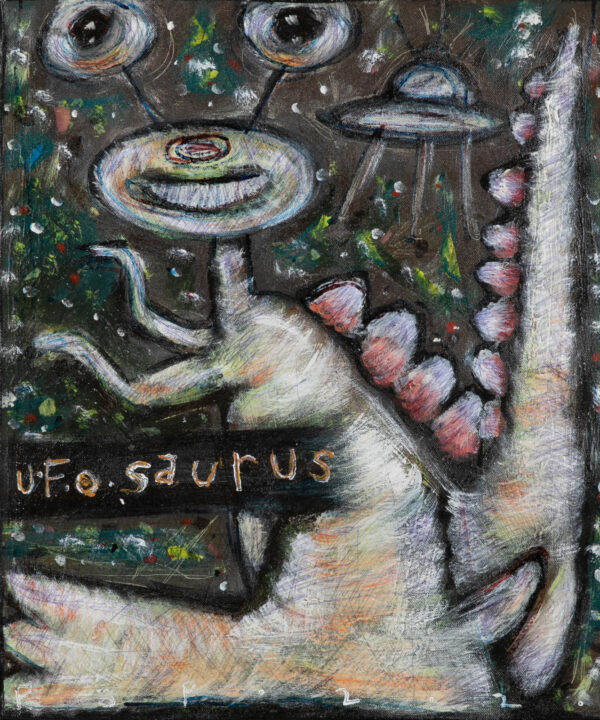 Alien and Dinosaur-Inspired Acrylic Ink Pencil Naif Painting, 'Ufosaurus'