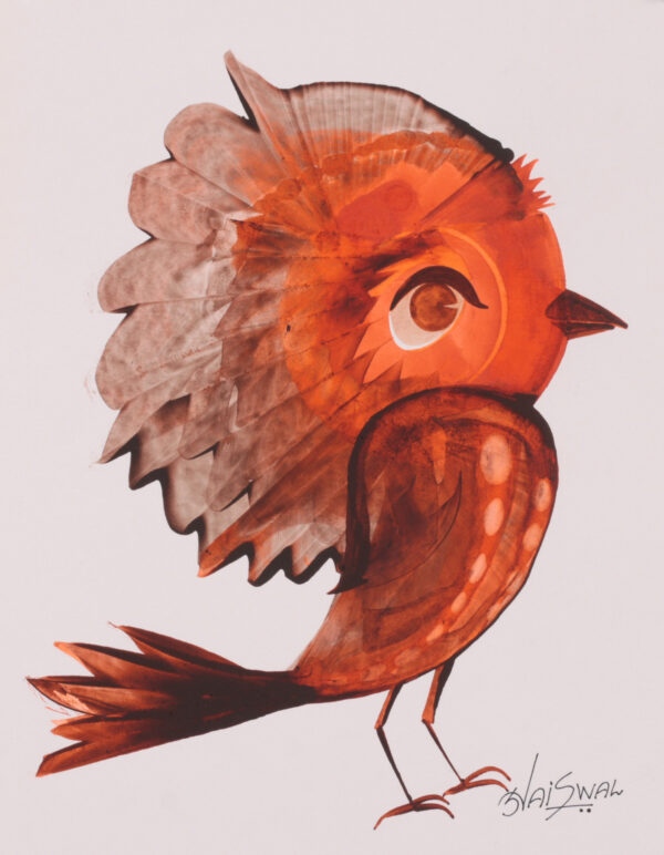 Bird-Themed Whimsical Signed Acrylic on Paper Naif Painting, 'Magical Bird'