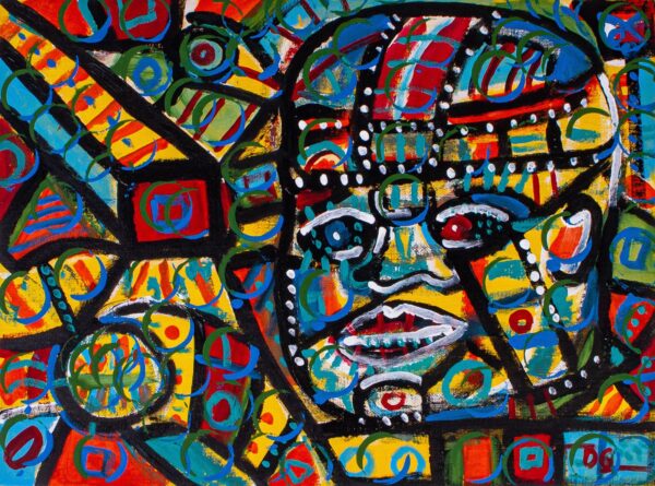 Bold Original Olmec Head Painting, 'Olmec Geometry'