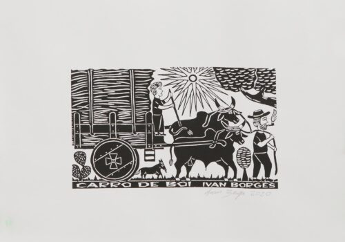 Brazilian Oxcart with Sugar Cane Woodcut Print, 'Oxcart'