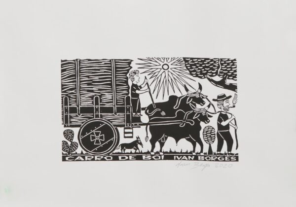 Brazilian Oxcart with Sugar Cane Woodcut Print, 'Oxcart'