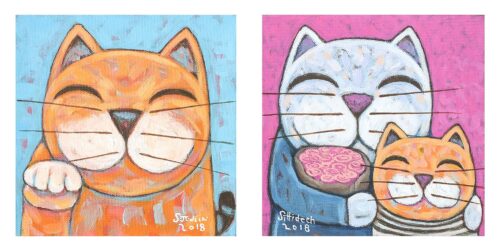 Cat-Themed Signed Naif Diptych from Thailand, 'Family'