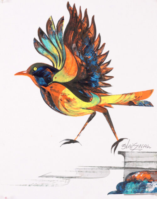 Colorful Acrylic on Paper Painting of Exotic Bird Mid-Stride, 'Leap of Color' Colorful Acrylic on Paper Painting of Exotic Bird Mid-Stride, 'Leap of Color'