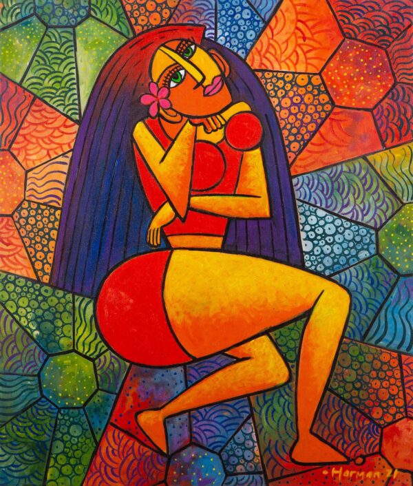 Colorful Acrylic Painting on Canvas, 'Daydreaming Women'