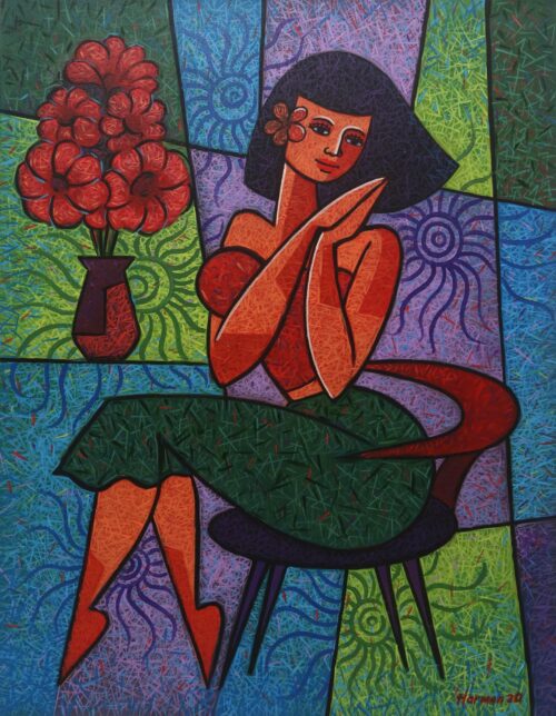 Colorful Modern Painting of a Young Woman from Bali, 'Fall in Love'