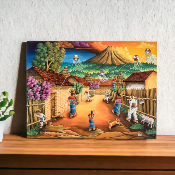 Colorful Oil Painting of a Guatemalan November 1 Tradition, 'Kites'