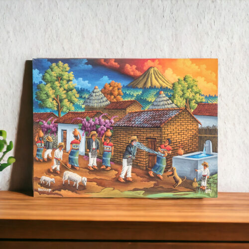 Colorful Oil Painting of a Small Guatemalan Maya Town, 'Courting'