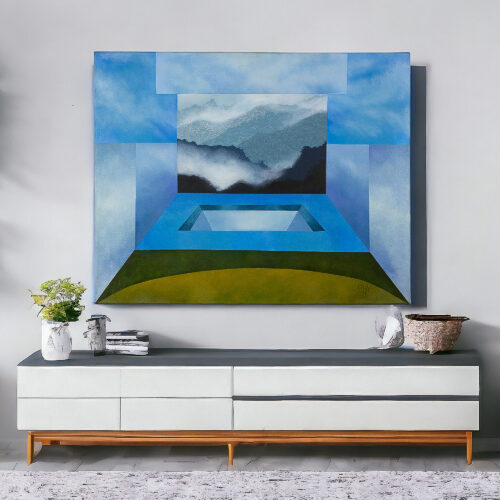 Costa Rican Geometric Themed Mountain Landscape Painting, 'Cold, Cold'