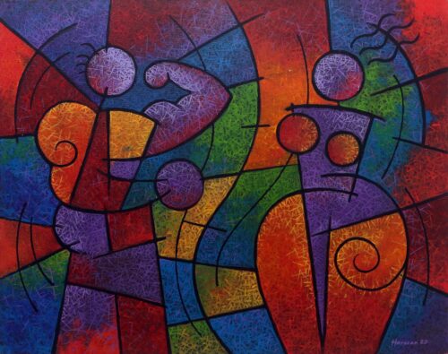 Cubist Abstract Portrait of a Couple in Jewel Colors, 'Man and Woman'