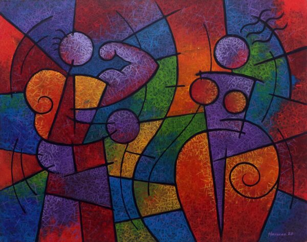 Cubist Abstract Portrait of a Couple in Jewel Colors, 'Man and Woman'