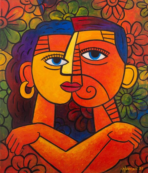 Cubist Acrylic Figure Painting from Java, 'Kiss You'