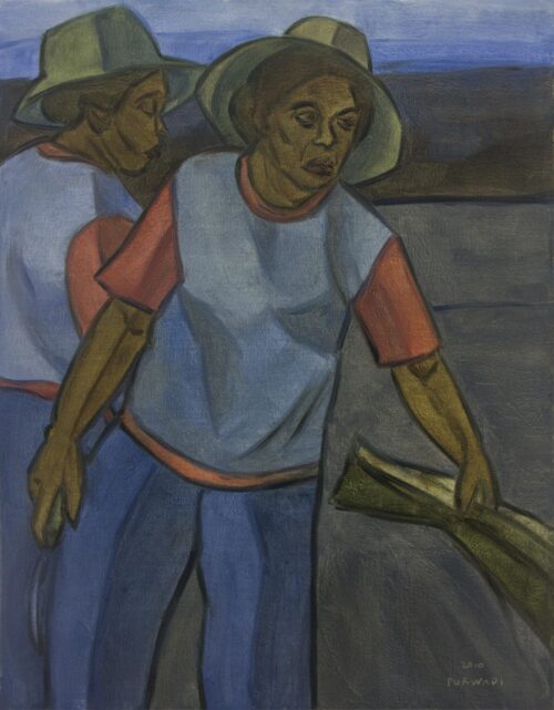 Cubist Balinese Farm Scene Painting in Blue Shades, 'Farmers at Harvest'