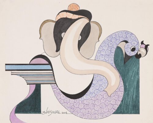 Elephant and Bird-Themed Cubist Painting from India, 'Eternal Unity'