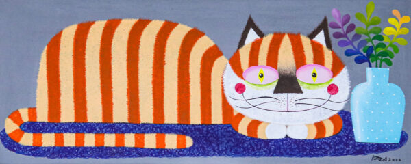 Fair Trade Whimsical Naif Acrylic Painting of a Striped Cat, 'Mackerel Cat'