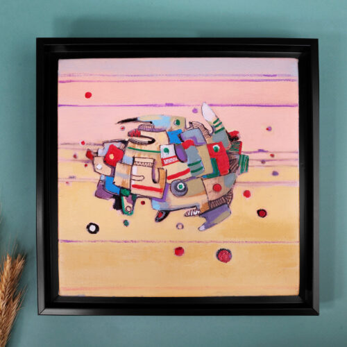 Framed Mixed Media Cubist Painting Inspired by Sea Turtles, 'Sea Turtle'