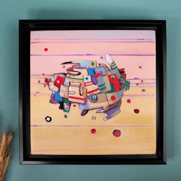 Framed Mixed Media Cubist Painting Inspired by Sea Turtles, 'Sea Turtle'