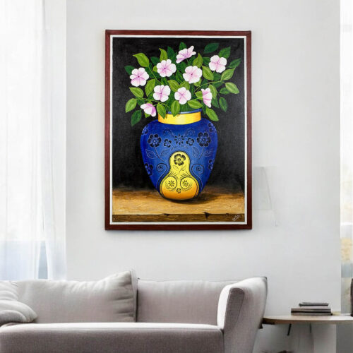 Guatemalan Still Life Painting of Flowers in a Blue Vase, 'Garden Flowers'