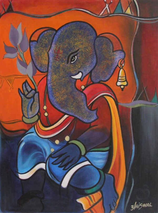 Hinduism Deity Ganesha Vinayak Painting Signed India Arts, 'Peaceful Ganesha'