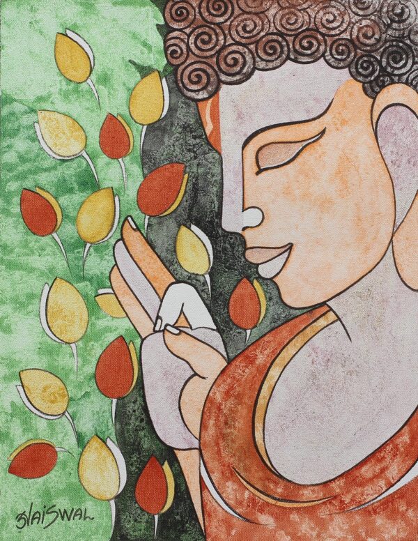 India Modern Cubist Painting of a Young Buddha, 'Peaceful Nature' India Modern Cubist Painting of a Young Buddha, 'Peaceful Nature'
