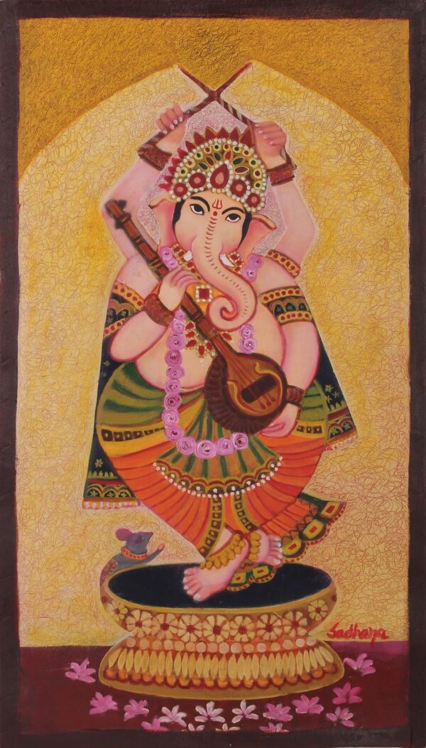 Indian Oil on Canvas Painting of Lord Ganesha Dancing, 'Dancing Ganesha II' Indian Oil on Canvas Painting of Lord Ganesha Dancing, 'Dancing Ganesha II'