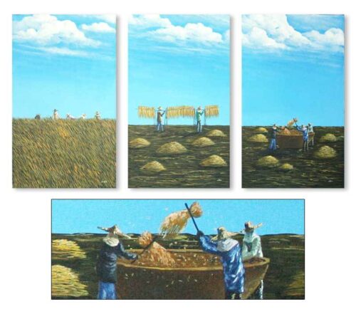 Landscape Naif Painting (Triptych), 'Harvest of Rice'