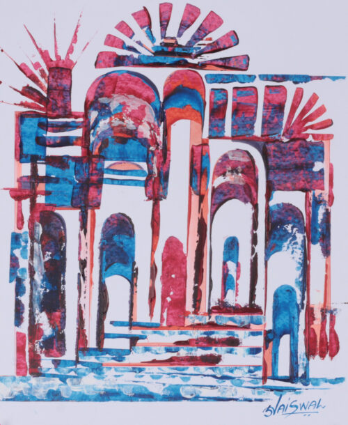 Modern Abstract Acrylic Painting of an Indian Temple, 'Awakening Arches'