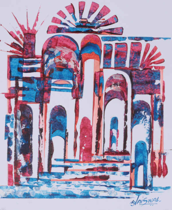 Modern Abstract Acrylic Painting of an Indian Temple, 'Awakening Arches'