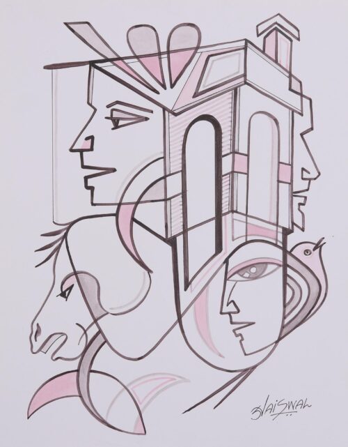 Modern Black and White Cubist Painting from India, 'Modern Life'