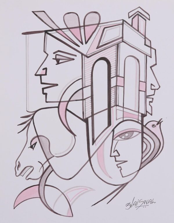 Modern Black and White Cubist Painting from India, 'Modern Life'