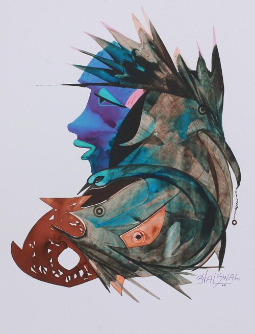 Multicolored Signed Cubist Painting from India, 'Union'