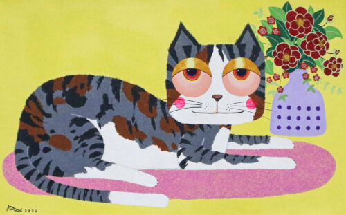 Naif-Inspired Acrylic on Canvas Painting of Cat and Flowers, 'Lazy Afternoon with Flowers'