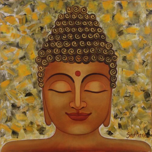 Original Lord Buddha Oil on Canvas Painting from India, 'Golden Buddha II'