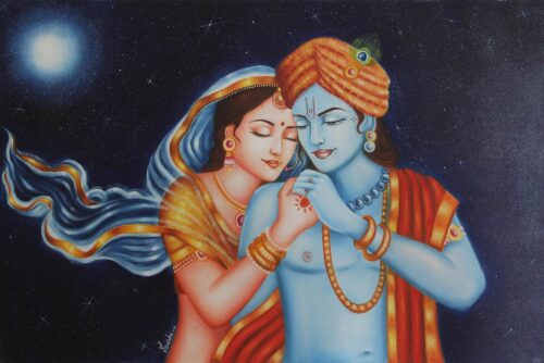 Original Oil Painting of Krishna and Radha from India, 'Divine Love'