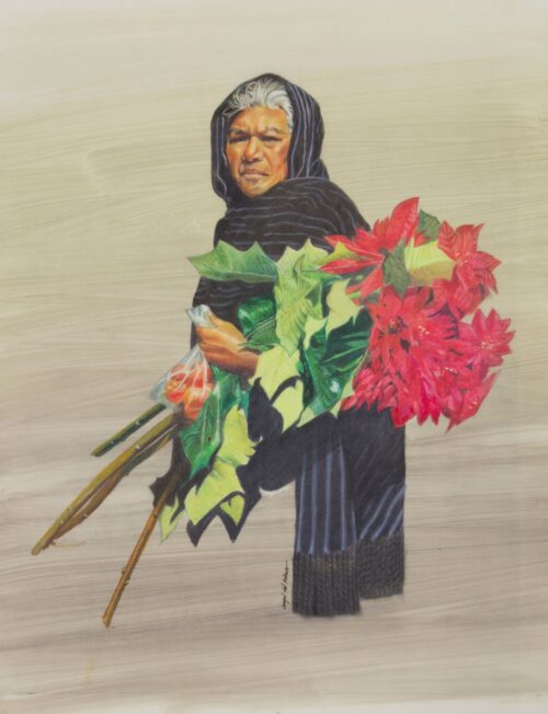 Portrait of Purepecha Woman and Poinsettias Realism Painting, 'Lady with Poinsettias'