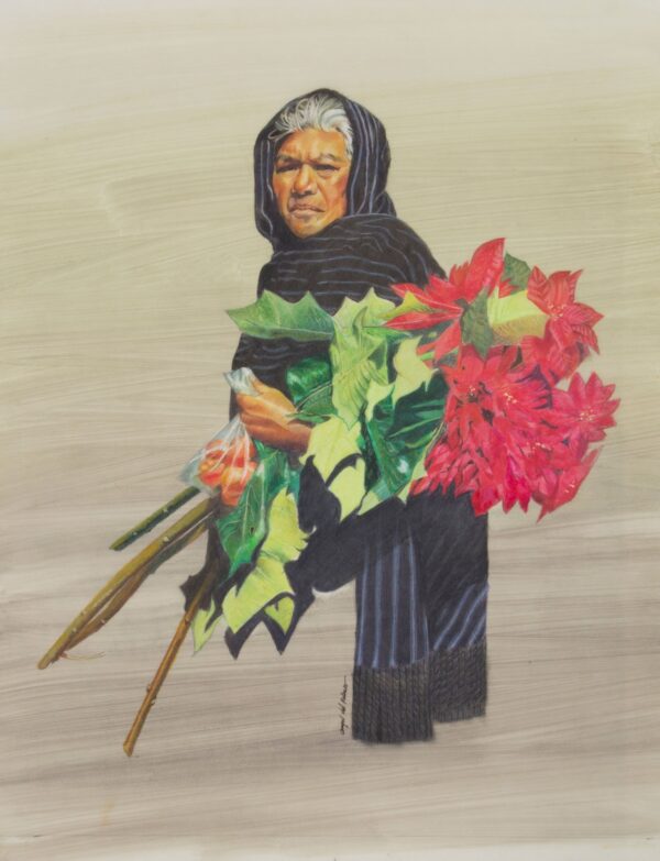 Portrait of Purepecha Woman and Poinsettias Realism Painting, 'Lady with Poinsettias'