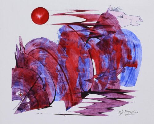 Red and Blue Cubist Painting of Horses and Fish from India, 'Land and Water'